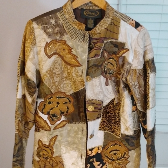 Alex Kim Patchwork Quilted Brown Gold Animal Print Floral Jacket Blazer Size S - Picture 5 of 10